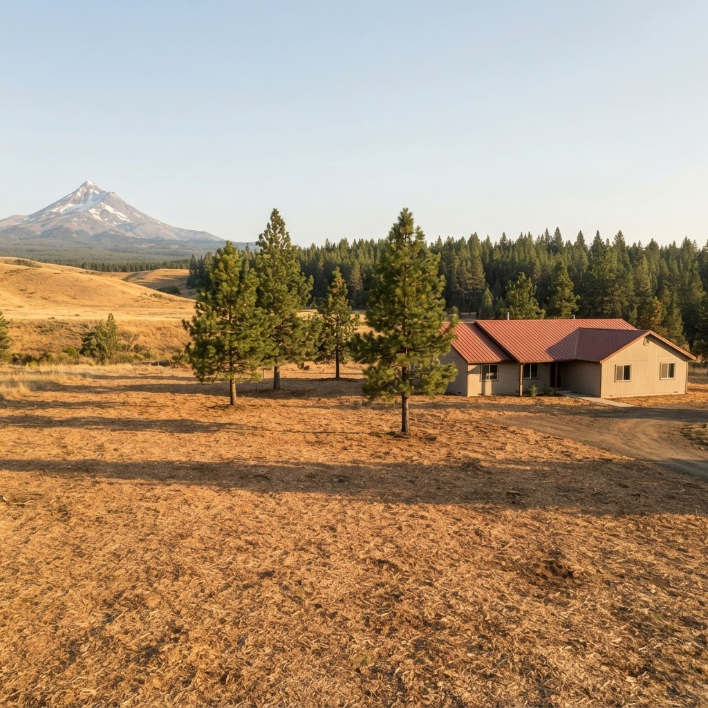 The same rural home after defensible-space clearing with an open, mulched buffer.