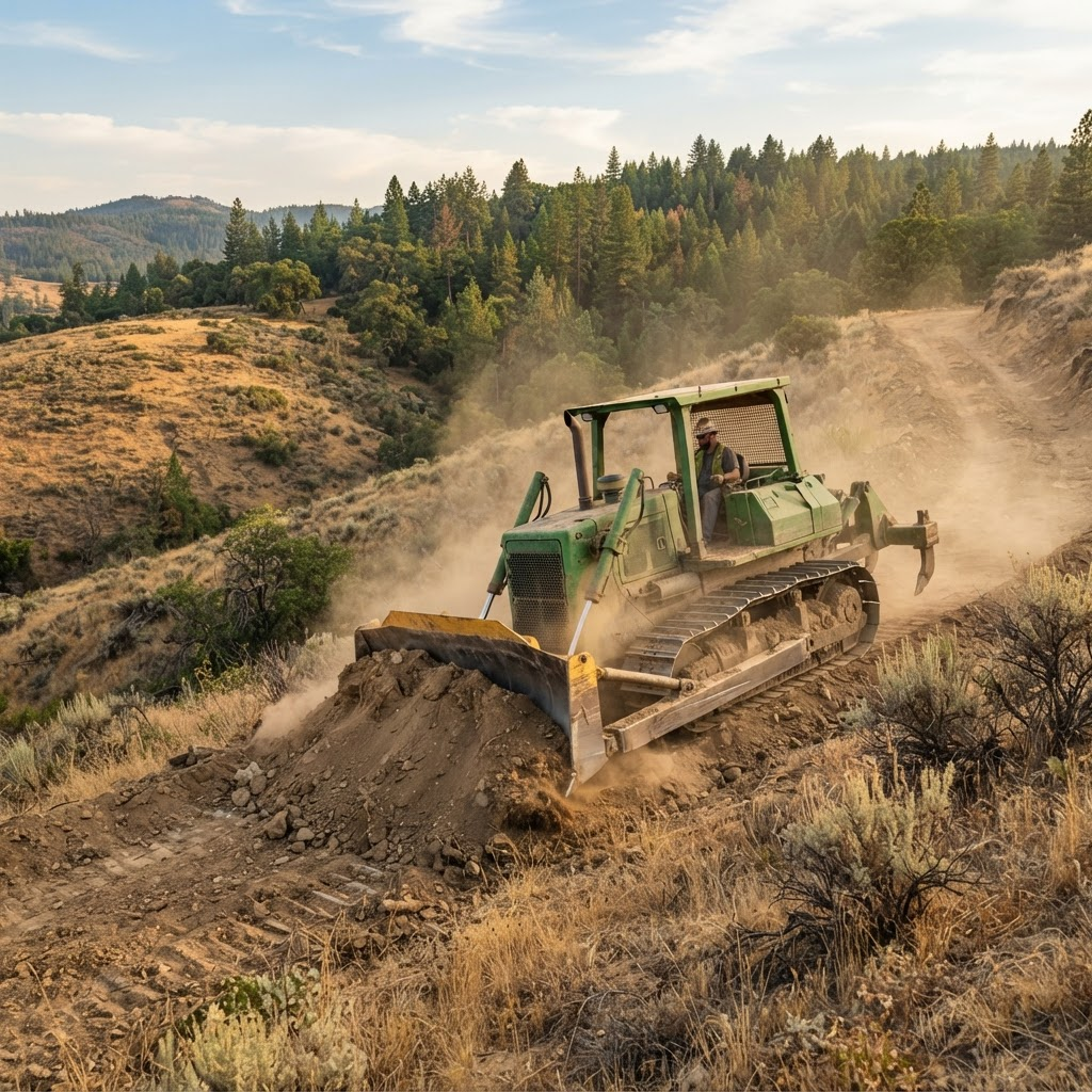 Crawler bulldozer building an access line on a dry Northern California hillside.