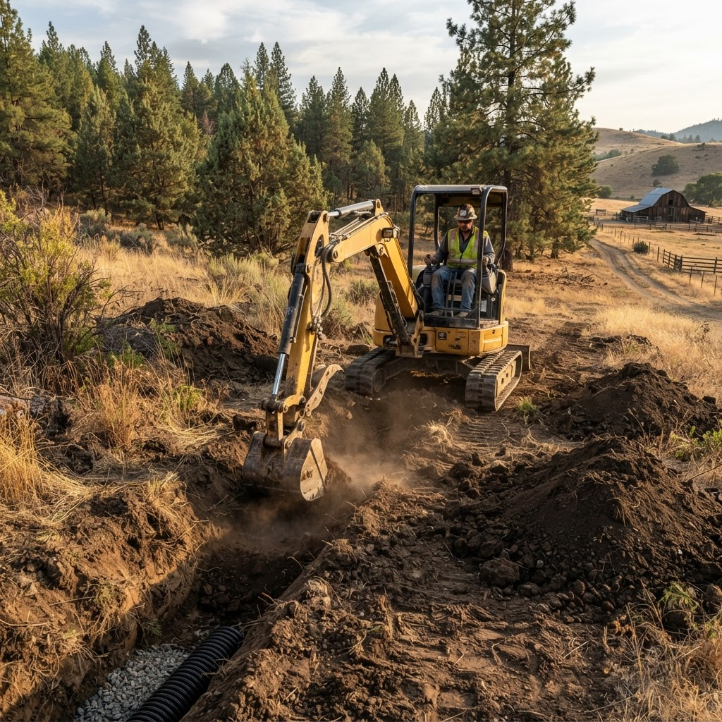 Mini excavator performing precision drainage and site preparation work on a rural property.
