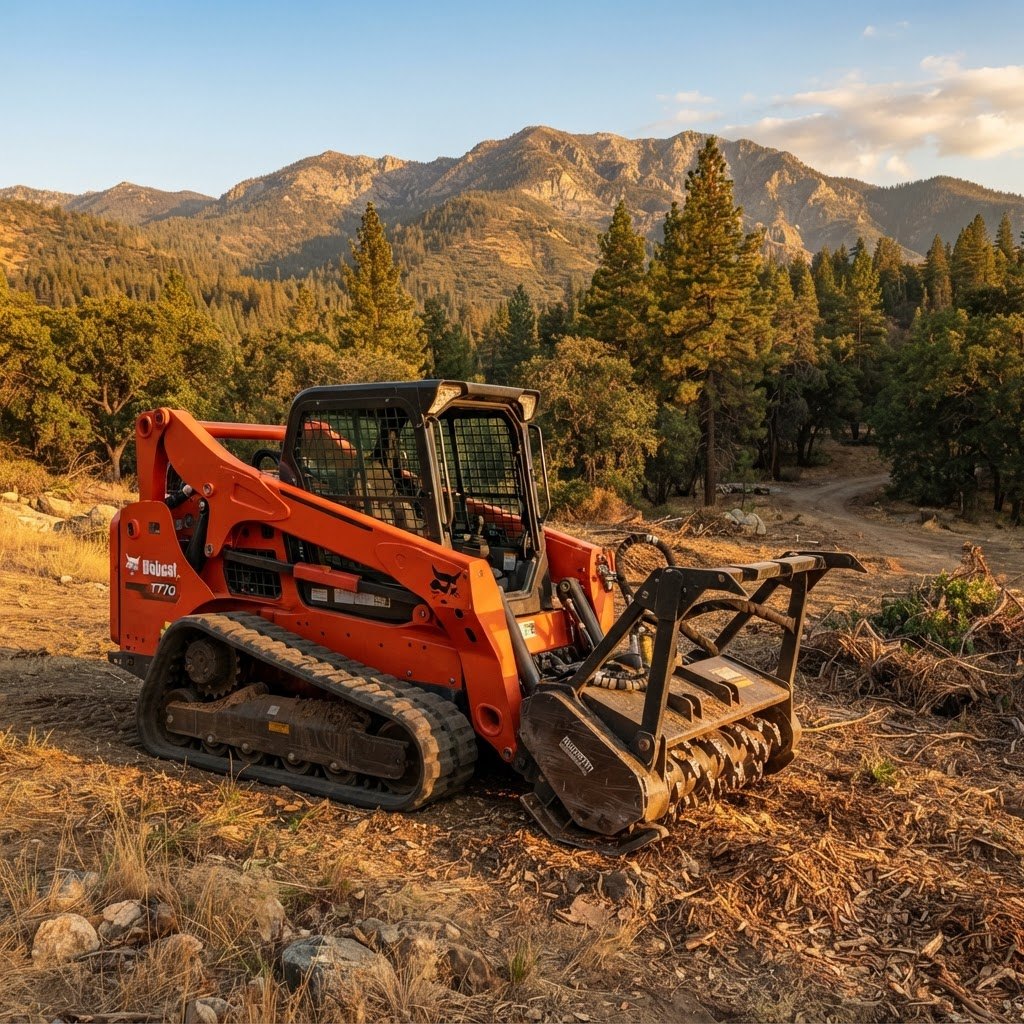 Compact track loader fitted with a forestry mulcher attachment at a Northern California job site.