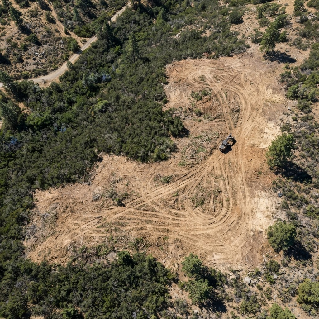 Aerial view of a Northern California treatment area showing cleared and untreated zones with machine track patterns.