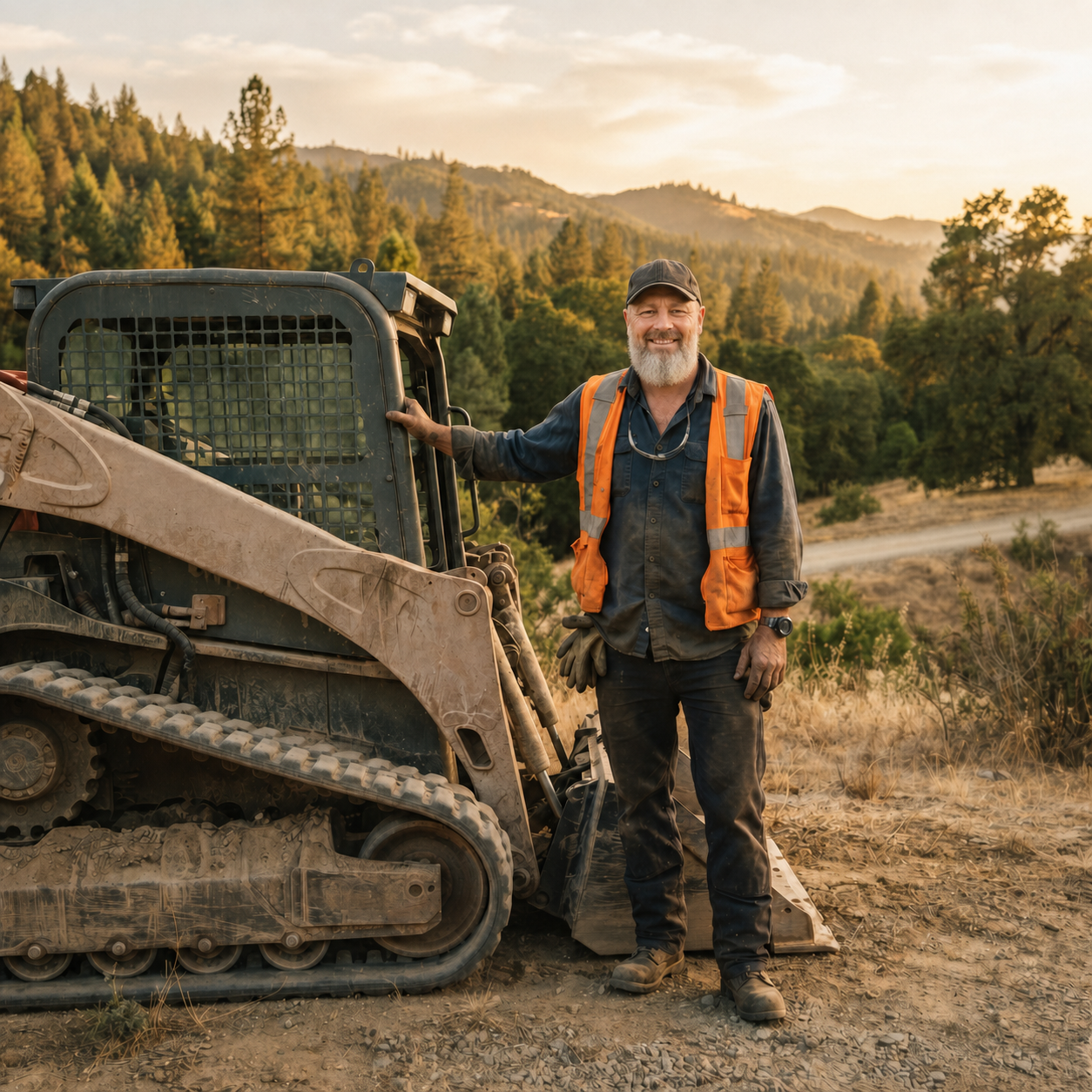 Owner-operator of Basin Range Resources standing beside a compact track loader in Northern California terrain.