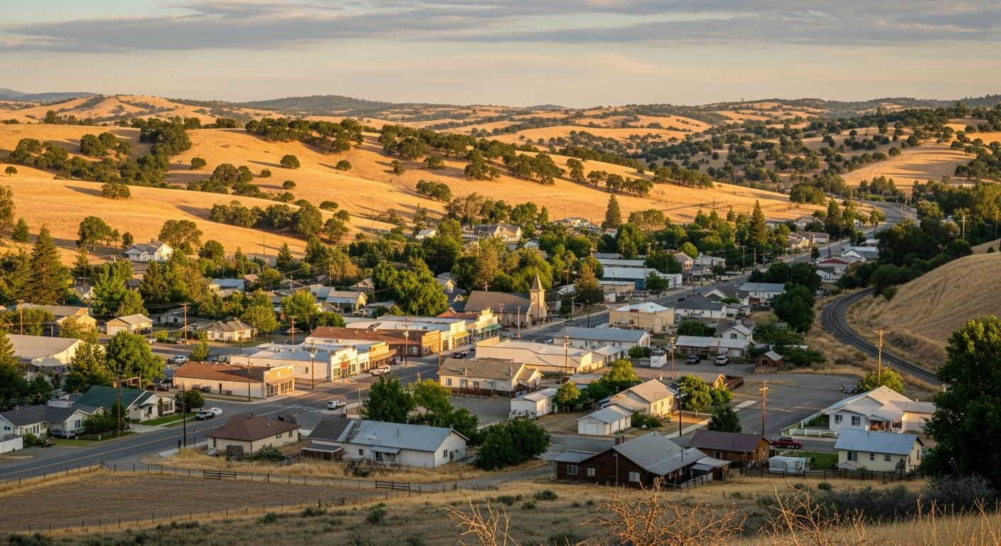 A small rural Northern California town nestled among golden rolling hills dotted with oak trees at golden hour, in the Siskiyou County region.