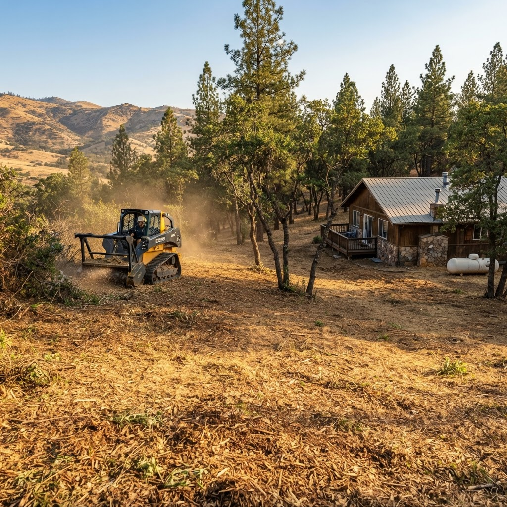 Mechanical brush clearing creating defensible space around a rural Northern California home.