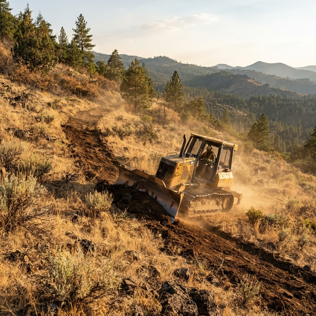 Bulldozer cutting a mineral-soil firebreak line across a dry Northern California hillside.