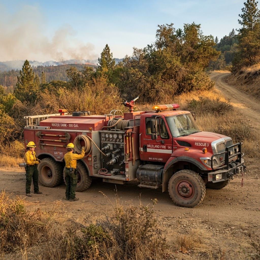 A 6x6 fire suppression truck on standby in a dry Northern California wildland setting.