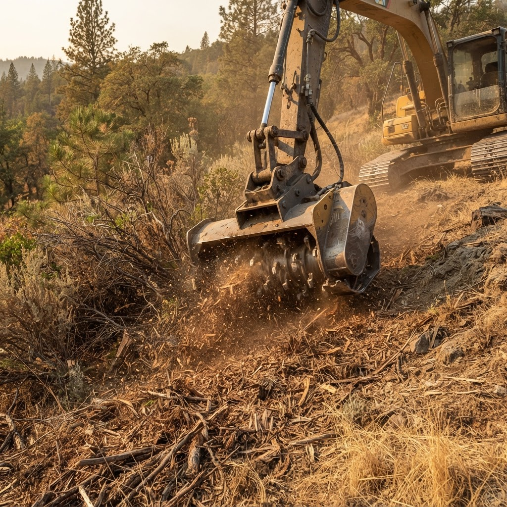 Forestry mulcher head grinding dense brush into mulch on dry Northern California terrain.